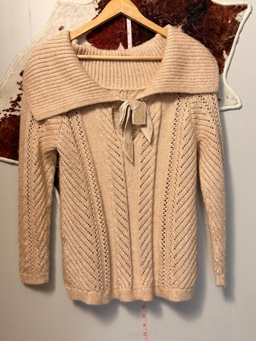 Cream Open-Knit Collar Sweater with Bow Tie